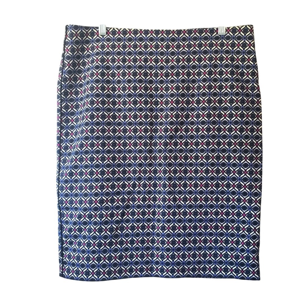 Geometric Print Pencil Skirt Navy Blue White Red Business Casual Womens Size M